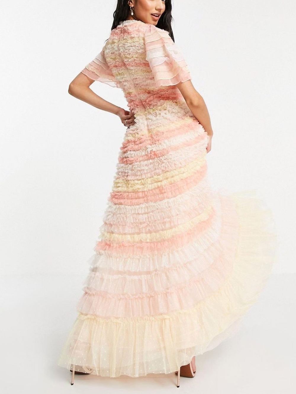 Needle & Thread Luella Ruffle Maxi Stripe Dress in Pink